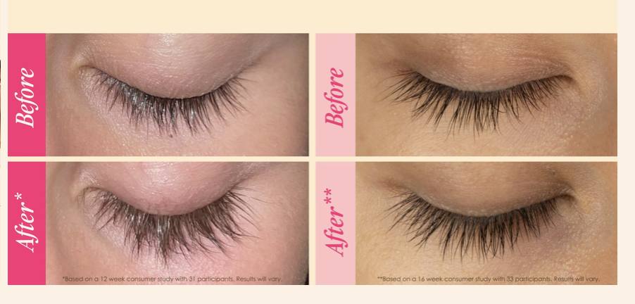 Two before-and-after pairs of closed eyes, longer lashes after use
