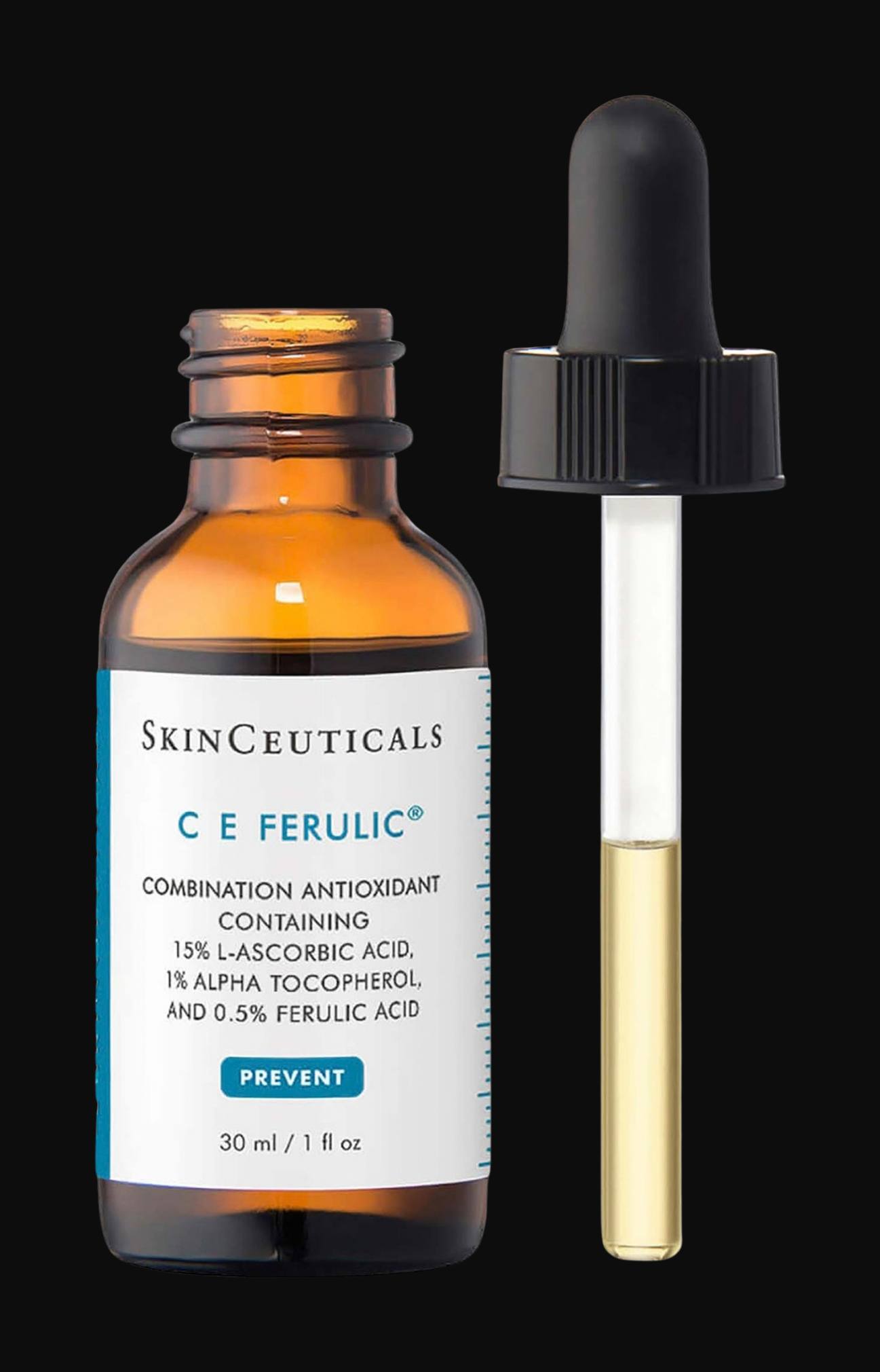 SkinCeuticals C E Ferulic, the amber dropper bottle with the pipette beside it