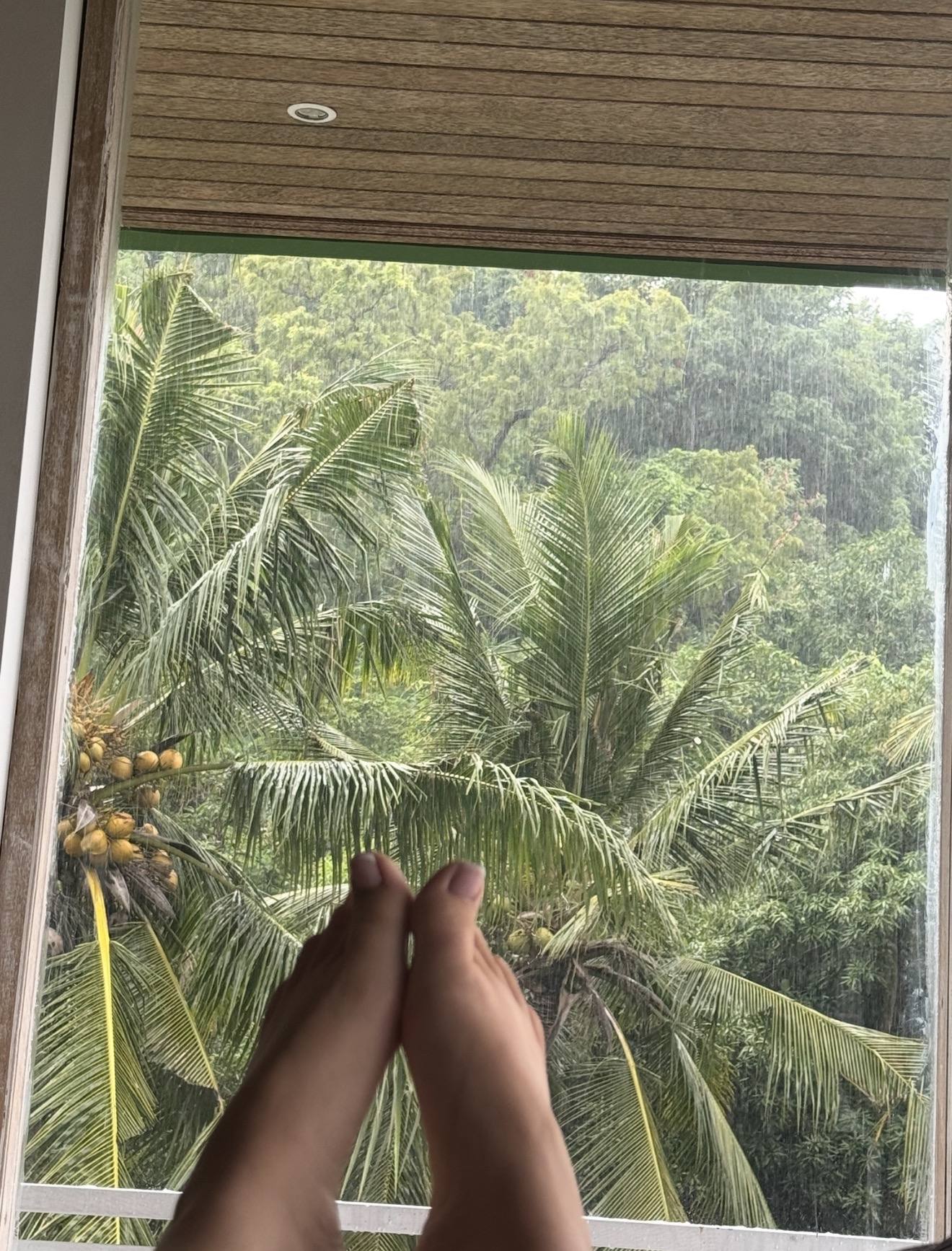 Bare feet against a window, palms and rain outside