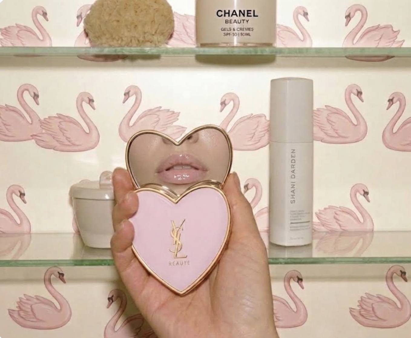 Heart-shaped compact held up in front of swan-print wallpaper and glass shelves