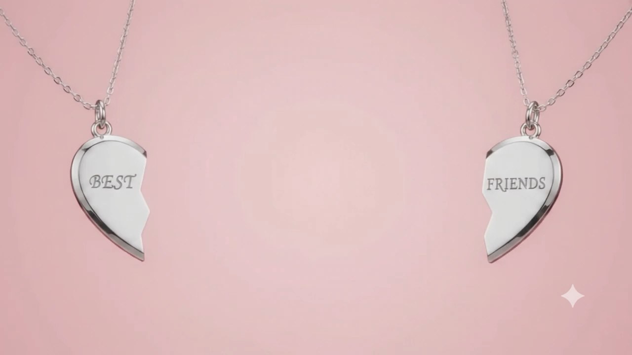 Two halves of a silver best friends heart necklace drifting together
