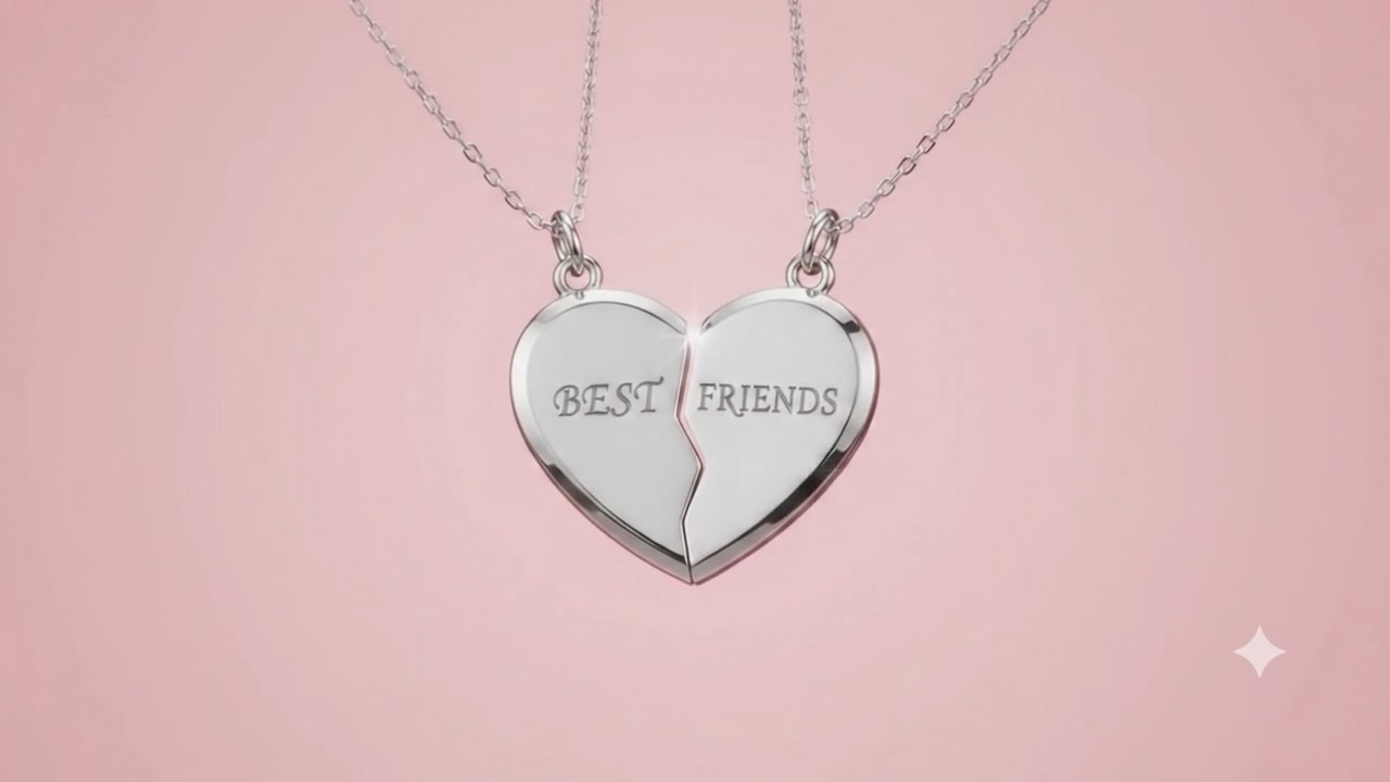 Two halves of a silver best friends heart necklace drifting together